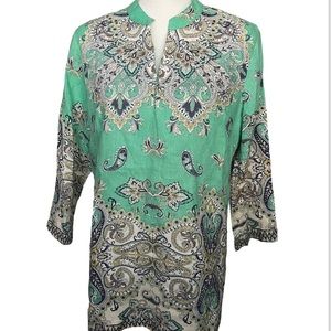 Charter Club Luxury Linen Tunic Top Women's M Paisley Peasant Shirt 3/4 Sleeve